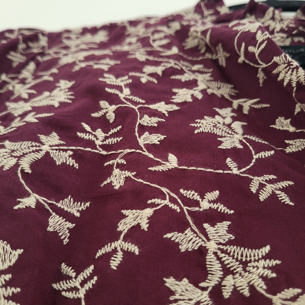 Ann Taylor Sz Medium Burgundy Embroidered Floral Ruffle Button Shirt 100% Cotton - Picture 5 of 9
